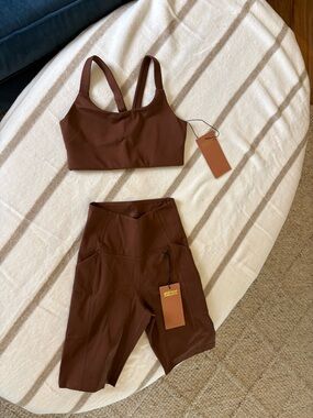 girlfriend collective Brown Athletic Bike Shorts & Sports Bra Set